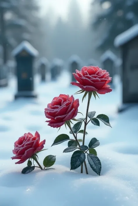 Roses in a graveyard, covered in snow. 