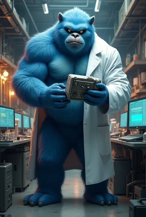 Create an image of a large, blue-furred humanoid creature wearing a white lab coat, standing in a high-tech laboratory filled with computer monitors, equipment, and scientific tools. The creature has a focused expression as it examines a complex metallic d...