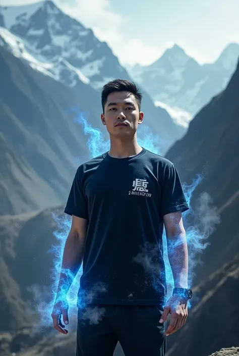  3d logo with the name  " DHARMA COLD GUY ",  on a high Himalayan mountain decorated with a 24-year-old Korean man wearing a black t-shirt,  dark background ,   big fire explosion effect ,blue flame effect , smoke effect,  light and dark ,  realistic and a...