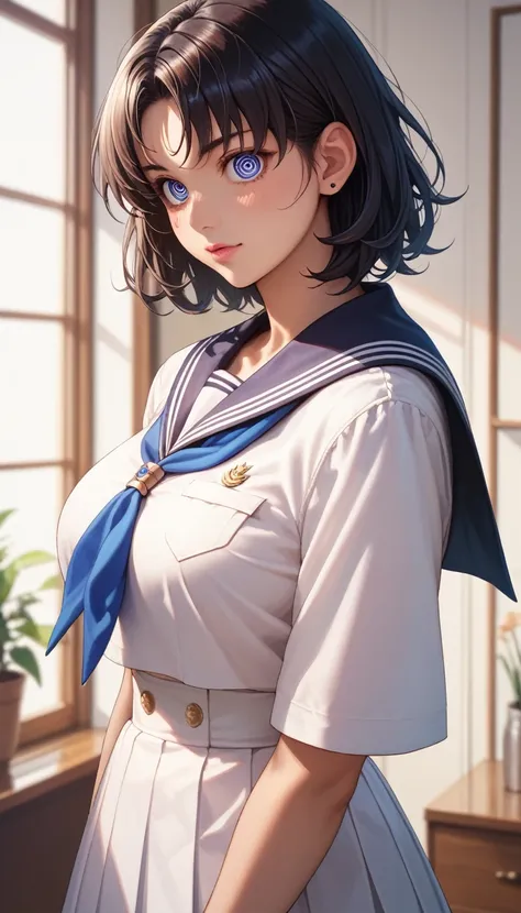 custom prompt anime, SetsunaMeiou, large_breasts, standing, solo, Pluto_sailor_senshi_uniform,, masterpiece, best quality, detailed face, detailed eyes, highres,