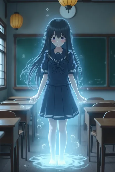 anime ghost girl Transparent And pale, sailor uniform dark blue, Korean school classroom