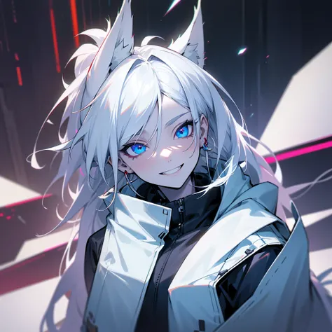 Young Man,  white skin, White Hair,  Hi-Res,  earrings for a woman alone,  blue eyes, solo, Cyberpunk high definition model, Wolf Ears,  show your teeth and laugh , Beast Horns, 