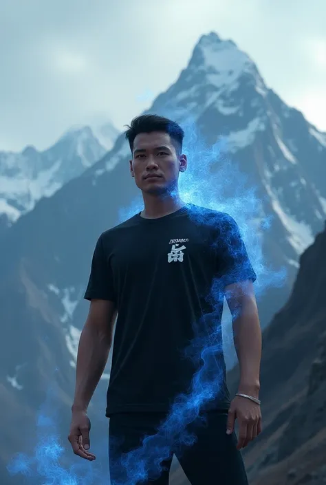  3d logo with the name  " DHARMA COLD GUY ",  on a high Himalayan mountain decorated with a 24-year-old Korean man wearing a black t-shirt,  dark background ,   big fire explosion effect ,blue flame effect , smoke effect,  light and dark ,  realistic and a...