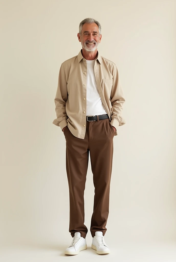 Beige shirt with chocolate pants and white sneakers man