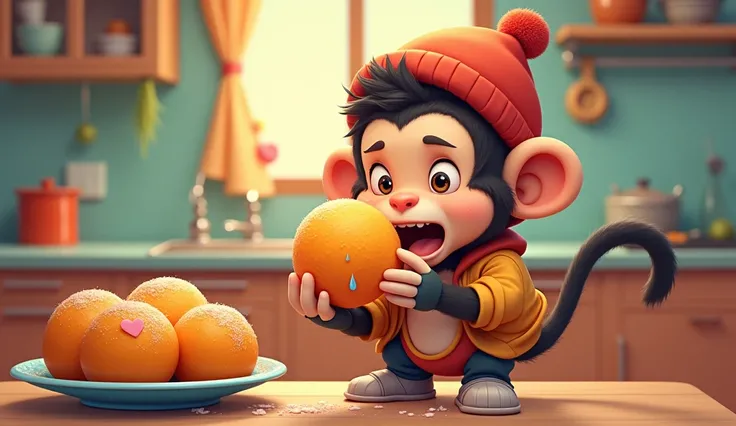 "A cartoon-style image featuring Monkey Uncle dressed in pajamas, shoes, a hat, and a jacket, standing in a kitchen. He’s holding a large, round sweet (rasgulla) and attempting to put it in his mouth. His face shows excitement, but as he takes a bite, his ...