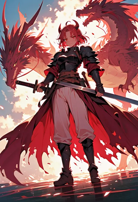 strong emotions, Sakura, dragon, short hair, light, focus, dragon Tamer, full body , horns on head, com um filhote de dragon ns braços, ful body, sword,heavy dragon armor,  tall , one sword 