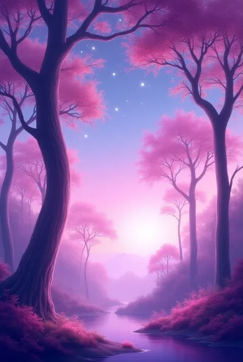  purple and pink background image, with trees, stars, flores, Lights and wind of the same color pink and purple