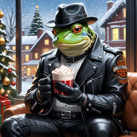 "Closeup, an extremely badass anthropomorphic light blue and white bullfrog wearing an insanely cool black leather Harley Davidson biker jacket open, black fedora, black leather biker gloves, black leather biker pants, sits by a window, holding a cup of ho...