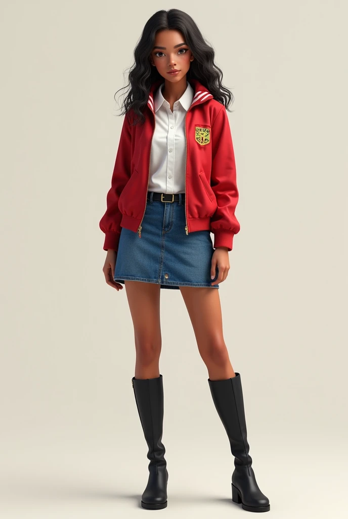  An 18-Year-Old Full-Bodied Teenage Girl. Skinny Brown-skinned , with wavy hair, in school uniform.
 Uniform Description :
white sleeveless shirt.
 red jacket with the schools coat of arms called Las Estrellas.
blue denim skirt.
long black boots.
The girl ...