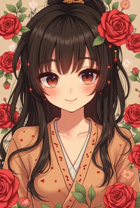 AN ORIENTAL GIRL , with Chinese eyes, brown hair OJOS MARRON OSCURO LACIO,  SURROUNDED BY THORNS AND ROSES . In an illustration .  that looks cute ,  that is more drawn , I execute TIM BURTOM . More thorns and with a rounder face. brown hair, dark straight...