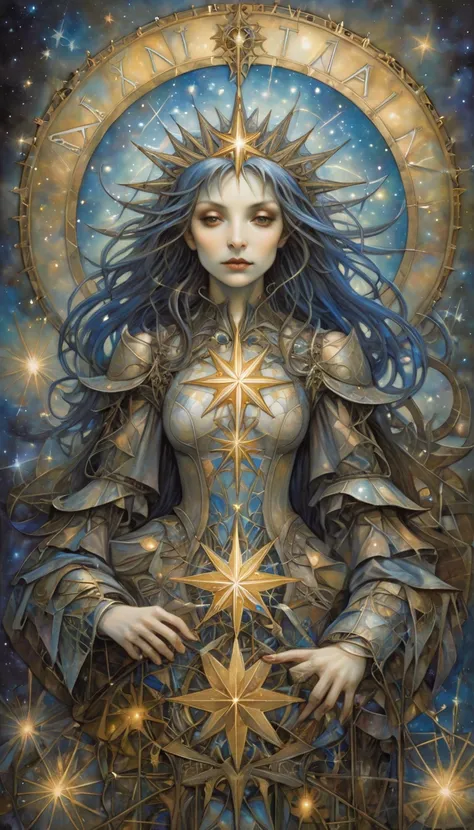  Tarot Cards ,Star, ((Text on card : "Star")) artwork : Brian Froud 、Kahn Griffith、Vadim Kashin, intricate details, Oil
