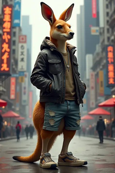 A full-body kangaroo in urban clothing 