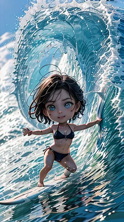 1 girl, solo, {beautiful and detailed eyes}, calm expression, natural and soft light, delicate facial features, Blunt bangs, beautiful Korean girl, eye smile, (A woman in a bikini surfing on a summer beach, balancing skillfully on a surfboard as she rides ...