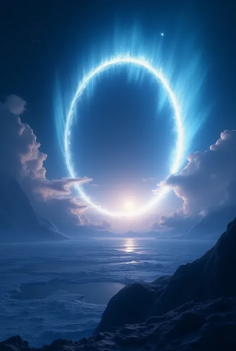 A view from near the poles, showing the half ring as a wide, glowing arc curving across the sky. This arc could be depicted rising higher on the horizon and wrapping around the viewers perspective, creating a sense of awe and vastness in the sky.