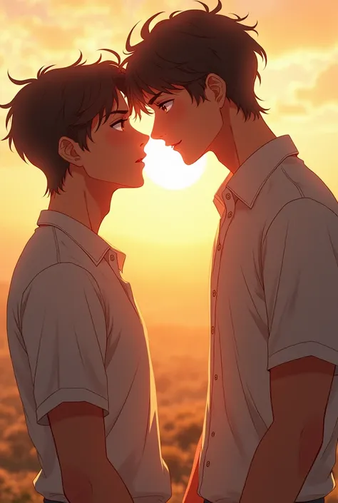 On a sunny hill,  Two  anime young men sit side by side, their bodies close together. One turns slightly, revealing his beautiful, defined features and soft, glossy lips curved in a slight smile. The other boy leans in, entranced, his lips glistening gentl...