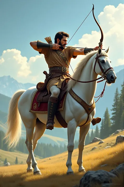 Handsome man rides a white horse while archery