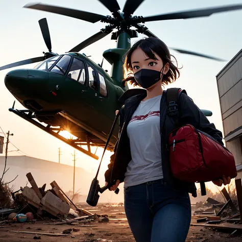 1girl, young, scavenger, wandering alone, a desert full of old machinery (destroyed huey helicopter), face covered, motorcycle glasses, long sleeves, walking stick, backpack, sawed-off shotgun in the back. (post-apocalyptic background), scorching sun. Medi...