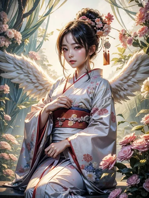  takes a straight look at viewers、Beautiful female angel wearing a Japanese kimono、 semi-real 、 High Quality 、High image quality、delicate