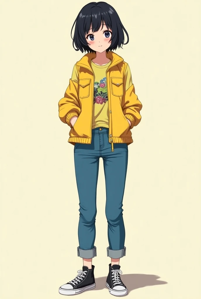 24-year-old girl with short black hair dressed in a yellow Beatles vest 
Blue jeans black and white canvas sneakers anime style