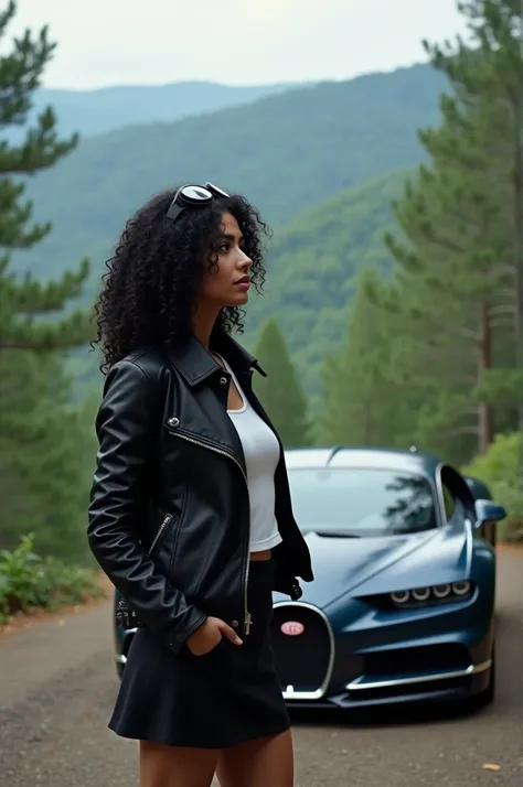 A beautiful girl in standing in front of a car with curly black hair goggles in head and white top is black leader jacket and black skirt and leader should be watching the view of the forest the cars would be of Bugatti the top of the hell and the girls sh...