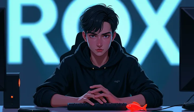 An 18-year-old boy in a black hoodie sits in a gaming room with ROX written in large letters behind him.  And in front of him is a table with a computer keyboard and an electric fish and he is looking forward.