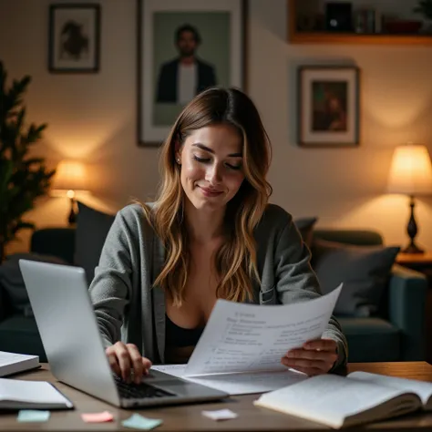 A 4K image showing a relaxed adult content creator casually planning and analyzing their niche in a cozy, modern workspace. The creator, dressed comfortably, sits with a laptop and some handwritten notes, surrounded by a few open notebooks and sticky notes...