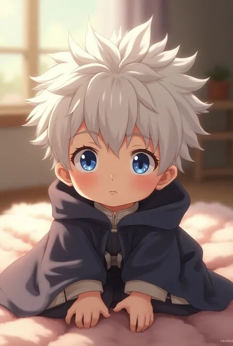 "Photorealistic image of baby Gojo Satoru from Jujutsu Kaisen, sitting on a soft, fluffy blanket with a curious expression. His signature white hair and blue eyes are adorable and captivating. The background is a cozy indoor setting with soft pastel colors...