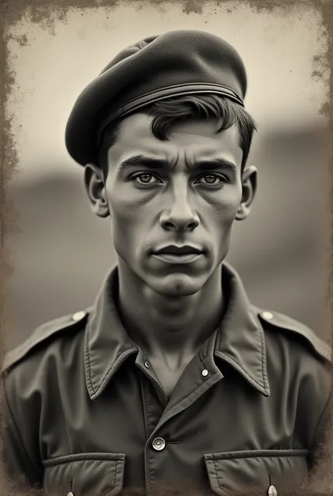 Portrait format pièce didentité dun jeune républicain de 17 ans de la guerre civile espagnole en tenue de combat.  en noir et blanc effet vieilli des annes 40. Regardant lobjectif . Regard déterminé.  Béret 