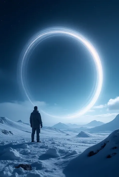 A view from near the poles, showing the rings as a wide, glowing arc curving across the sky. This arc could be depicted rising higher on the horizon and wrapping around the viewers perspective, creating a sense of awe and vastness in the sky.