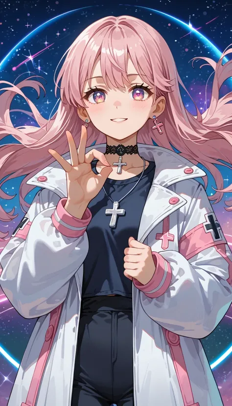 score_9,score_8_up,score_7_up, balance light, white long jacket, shirt, an anime girl, lavender style anime hair, pink hairs, lighting filter , remove shadows, space concept, wearing futuristic jacket, long coat, shirt,, soft eyes, jewels choker with a tin...