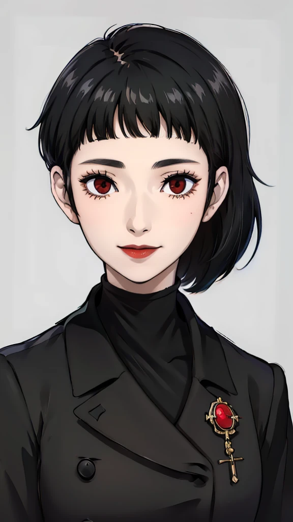 1 girl, very Short hair, tomboy Pixie haircut, black hair, red eyes, black lipstick, black lipstick, face portrait, black choker, coat, front face, front face, face portrait, bangs, smile