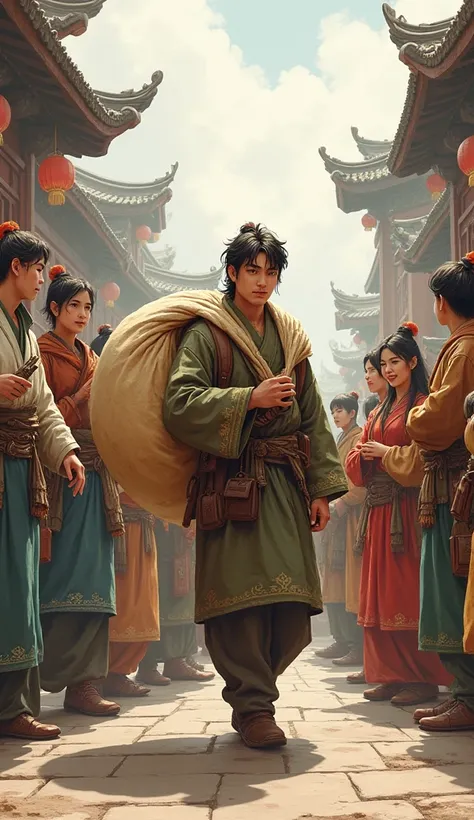 a group of people standing next to each other, gujian, carrying big sack, artistic interpretation, comic illustration, banish fiction and illusion, detailed characters, male character, trading, loss, the streamer, telling stories, diverse faces