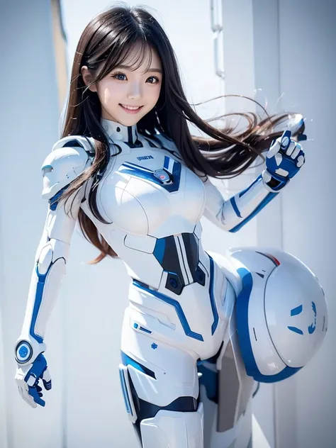 Japanese female android, cute face, smile, black long hair, white and blue robot suit, white and blue mechanical part, white and blue cyborg joint, full body, plain background