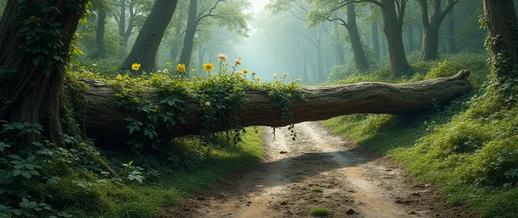 A tree placed down horizontally in forest mud road, a vine speeded on it.