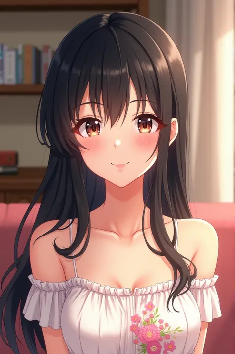 Anime girl with a smile ,  cheerful and sweet expression , black haired,  Long and straight , Drawing de chica anime realista,  wearing white dress with pink flower print, Looking like faith , approximately 20 years old , Upper body image, A slightly flirt...