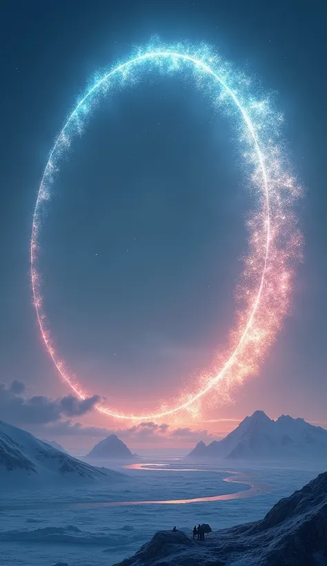 A view from near the poles, showing a giant arc as a wide, glowing arc curving across the sky. This arc could be depicted rising higher on the horizon and wrapping around the viewers perspective, creating a sense of awe and vastness in the sky.