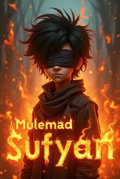 Give me pic of a text ( MUhAMMAD SUFYAN ) wrote with fire with the background of special male human gaming cartoon character such as the charecter does not comb his hairs and binds a cloth on his eyes 