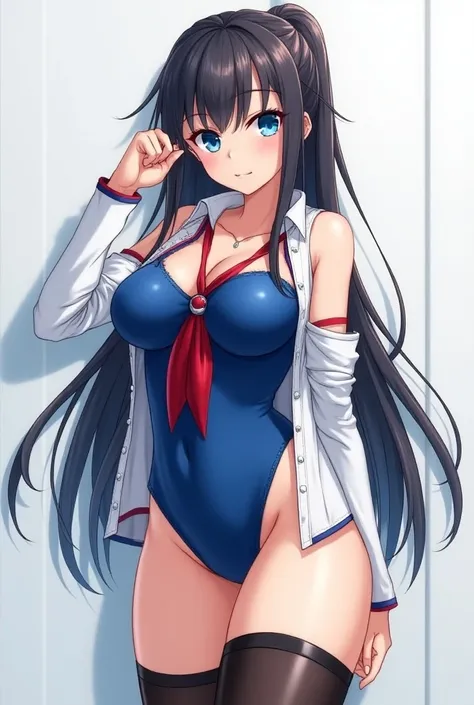 expressive eyes, perfect face, blue swimsuit, latex long sleeves, red neckerchief, white shirt, serafuku, white sailor suit streaked hair, long hair, Mutsumi Yozakura, biggest boobs anime full body sexy Long stocking