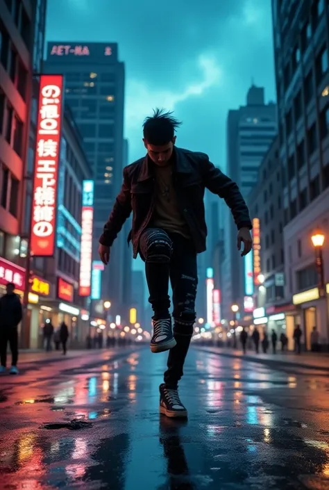  high quality，Excellent work，Wide-angle lens，一名男子站在street，Street dancing ，outdoor，Sky，shoe，Pants， a night without people ，cat，多云的Sky，building，Night Sky，reflection，Logo，the way，street， skyscraper directly above， neon lights ，Punk style，Male focus，Adding det...