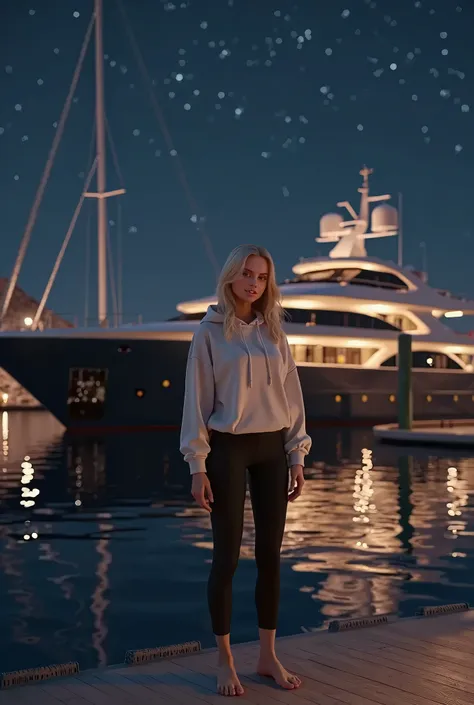 Luxury marina which luxury big yacht, best quality, (photorealistic:1.4), full body, white hoodie, black yoga pants, bare feet, stands on the pier next to the yacht, cinematic light, beautiful woman, skinny, big large breasts, lLight blonde、Long Straight H...