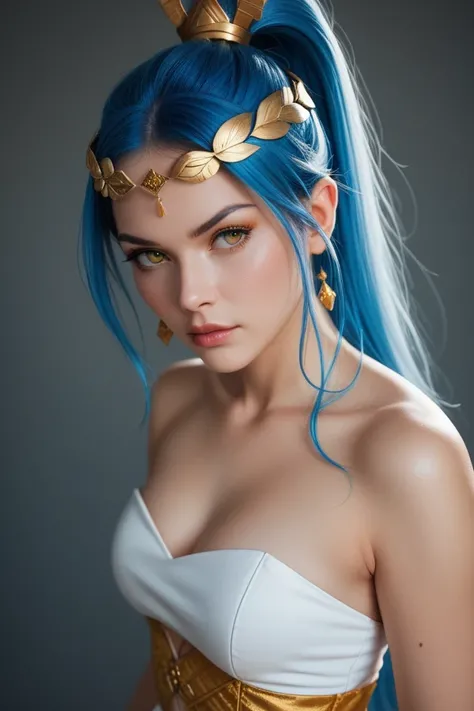 The image is a digital portrait of a young woman with long, flowing blue hair. She is wearing a white strapless top and a yellow skirt with gold accents. Her hair is styled in a high ponytail with a gold headpiece on top. She has a serious expression on he...