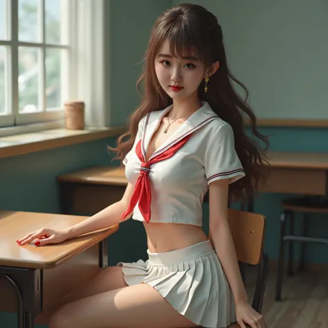 Product quality,1 girl,Cowboy Shot,(Thigh Emphasis:1.4),(Young and beautiful Japanese woman,Perfect Anatomy),(High school classroom:1.4),Sit at a desk,A small smile,((White school uniform sailor suit)),(Red ribbon tie:1.3),Deep waistline,((Grey ultra short...