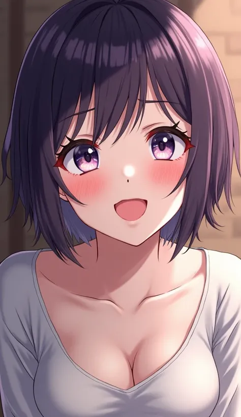 (masterpiece), best quality, perfect face, expressive eyes, (older Female, onee-sama, in her 20s), white skin, short, thin, (short and round dark purple hair:1.3), thin eyebrows, extremely happy smile, blushing, wide grin, upscaled, 8K, UHD, highly detaile...