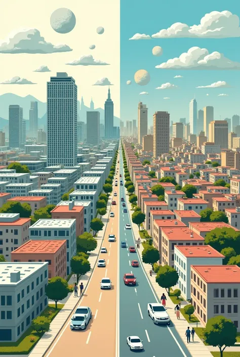 Image idea:

City division :  Divide the image into two halves .  On the left side , muestra un área de Lima con edificios modernos and proandectos de vivienda financiados por fideicomisos, con un diseño atractivo and bien planificado. On the right side,  ...