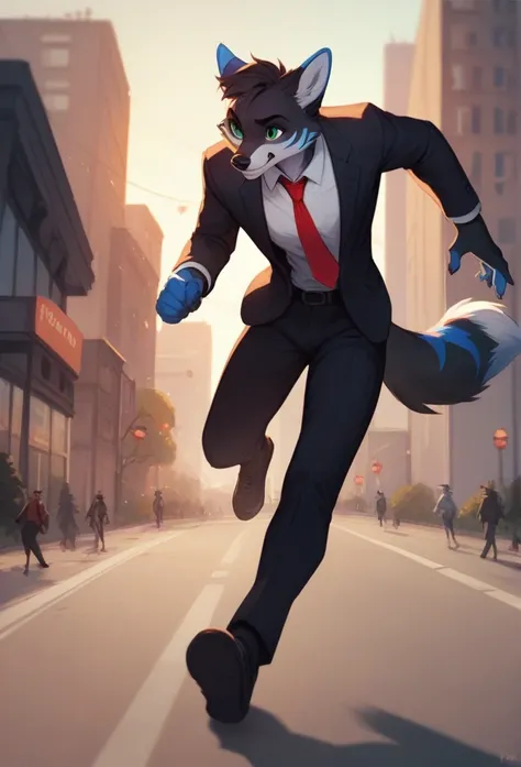 Anthropomorphic fox, black body, blue stripes, black fur, green eyes, black suit, red tie, vigilant, worried, running, nighttime, city