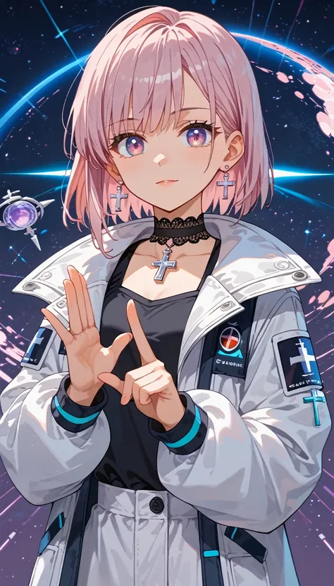 score_9,score_8_up,score_7_up, balance light, white long jacket, shirt, an anime girl, lavender style anime hair, pink hairs, lighting filter , remove shadows, space concept, wearing futuristic jacket, long coat, shirt,, soft eyes, jewels choker with a tin...