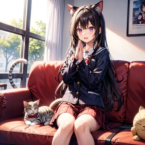 "In a cozy cat café setting, a high school-aged friend named Saena is dressed in a cute cat costume, complete with playful cat ears and a tail accessory. She is smiling warmly, looking a bit shy but enjoying herself as she makes a playful “cat pose” with h...