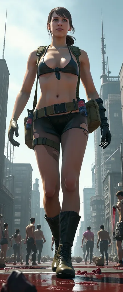 low perspective of a young giantess woman depicted as a giant among city skyscrapers. she is wearing a sleeveless armored outfit...