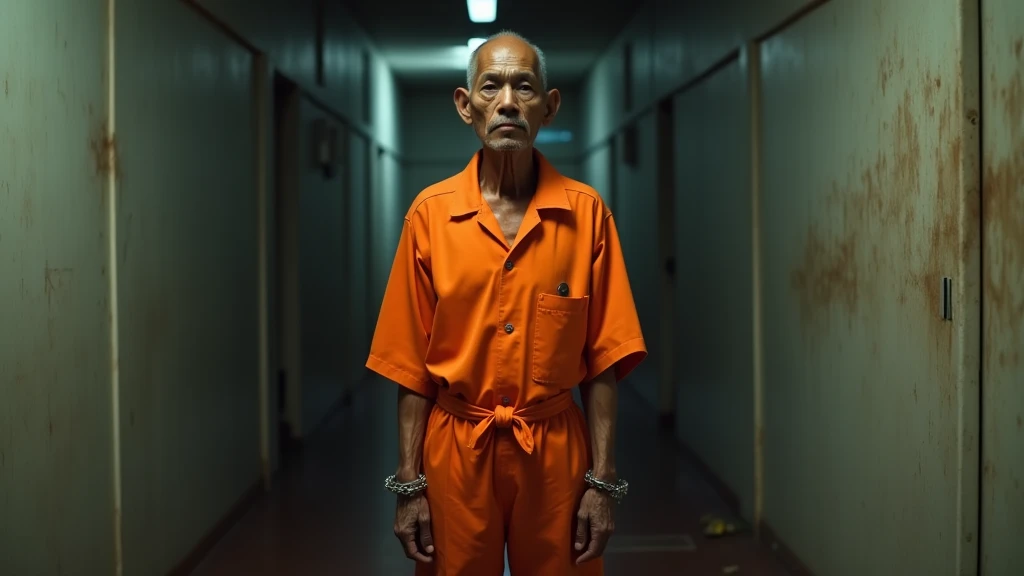 a man named Sumanto with an Indonesian face, 45 years old, standing alone, wearing an oversized orange prison uniform which contrasts sharply with his thin and frail body. His wrists are cuffed, clinking softly as he shifts his weight, his sunken eyes scan...