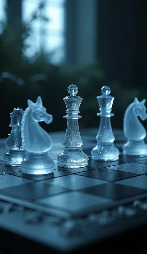 hyperrealistic, 8k,  best quality, dark fantasy, goth, A beautiful chess board with glass chess pieces